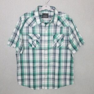 Straight Faded Short Sleeve Shirt Men's XL Plaid Button Up  Green White Blue